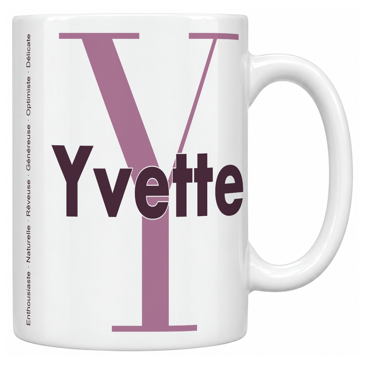 Mug blanc céramique 330 ml prénom Yvette : grande initiale Y, prénom Yvette en lettres bold et six qualités verticales sur le côté