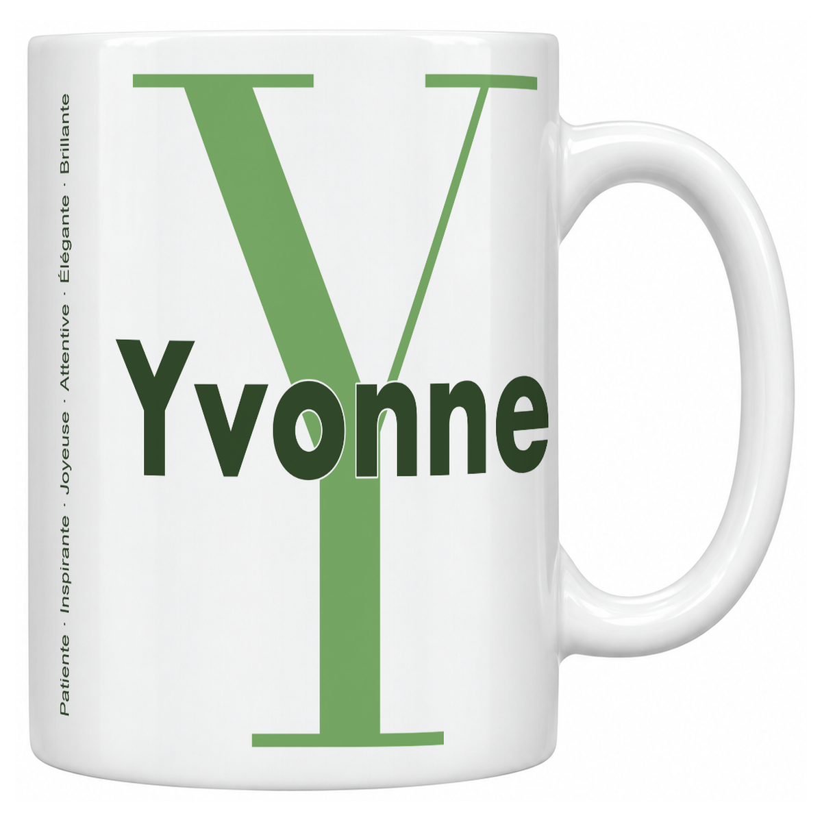 Mug blanc céramique 330 ml prénom Yvonne : grande initiale Y, prénom Yvonne en lettres bold et six qualités verticales sur le côté