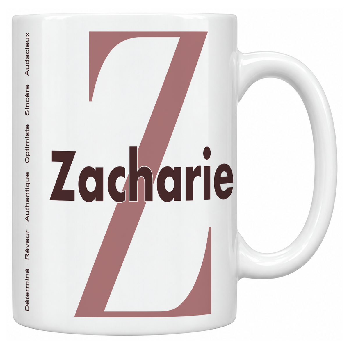 Mug blanc céramique 330 ml prénom Zacharie : grande initiale Z, prénom Zacharie en lettres bold et six qualités verticales sur le côté