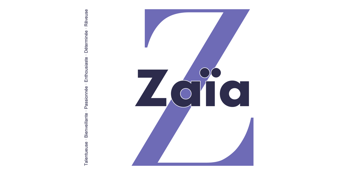 Visuel à plat du mug prénom Zaïa : initiale Z pleine hauteur, prénom Zaïa centré et ligne verticale « Talentueuse · Bienveillante · Passionnée · Enthousiaste · Déterminée · Rêveuse »