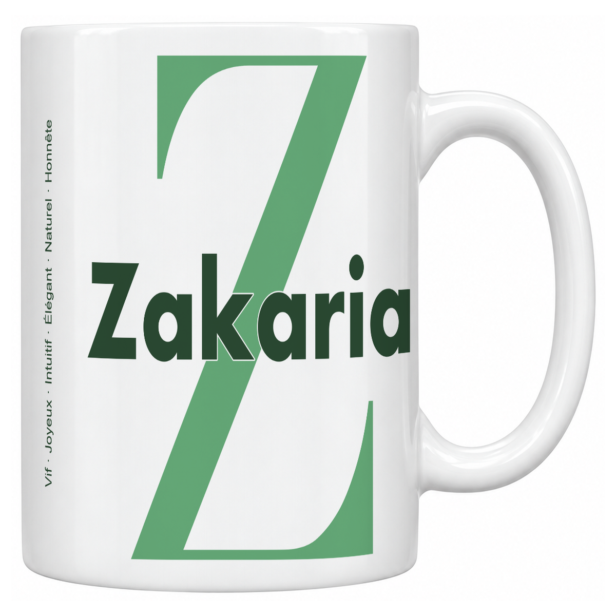 Mug blanc céramique 330 ml prénom Zakaria : grande initiale Z, prénom Zakaria en lettres bold et six qualités verticales sur le côté