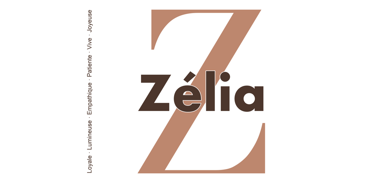 Visuel à plat du mug prénom Zélia : initiale Z pleine hauteur, prénom Zélia centré et ligne verticale « Loyale · Lumineuse · Empathique · Patiente · Vive · Joyeuse »