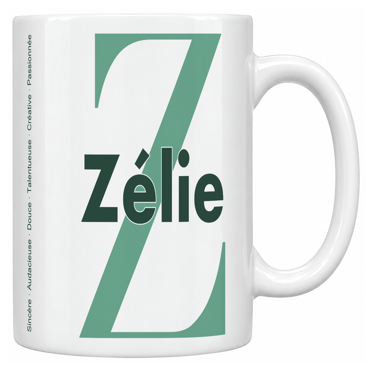 Mug blanc céramique 330 ml prénom Zélie : grande initiale Z, prénom Zélie en lettres bold et six qualités verticales sur le côté