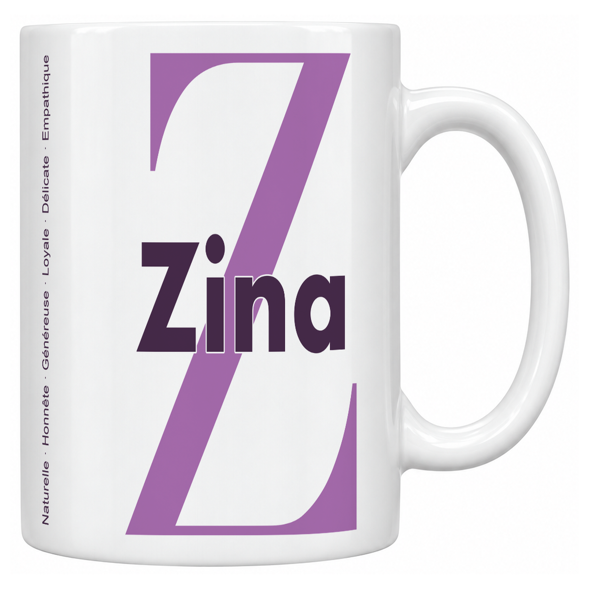 Mug blanc céramique 330 ml prénom Zina : grande initiale Z, prénom Zina en lettres bold et six qualités verticales sur le côté
