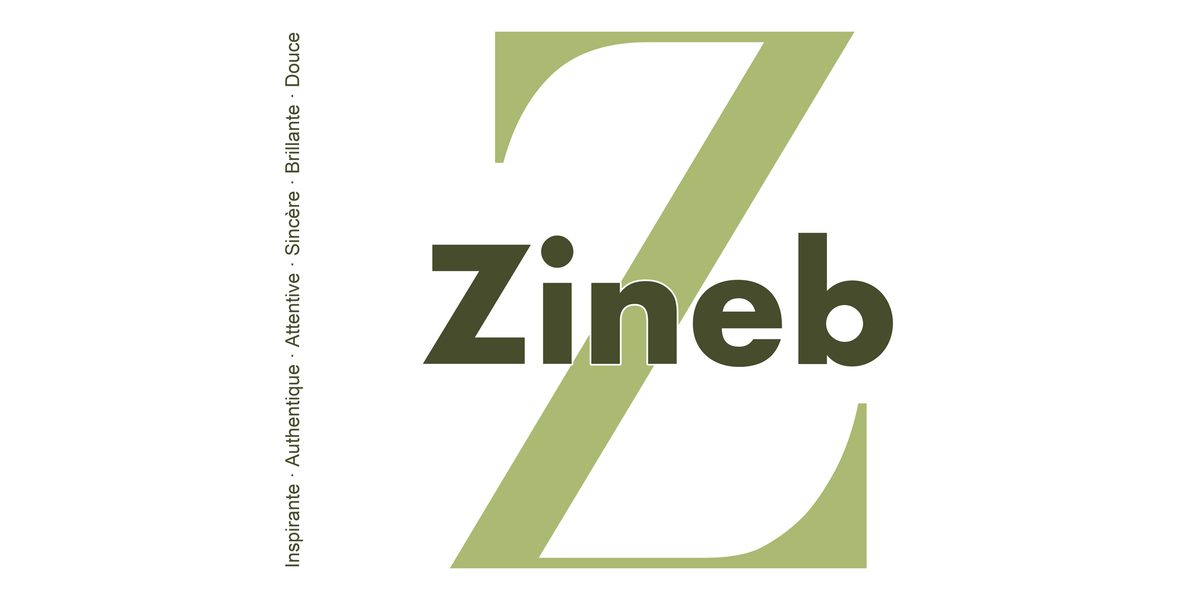 Visuel à plat du mug prénom Zineb : initiale Z pleine hauteur, prénom Zineb centré et ligne verticale « Inspirante · Authentique · Attentive · Sincère · Brillante · Douce »
