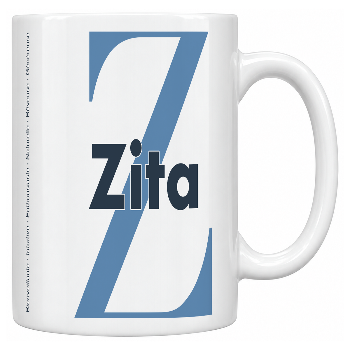 Mug blanc céramique 330 ml prénom Zita : grande initiale Z, prénom Zita en lettres bold et six qualités verticales sur le côté