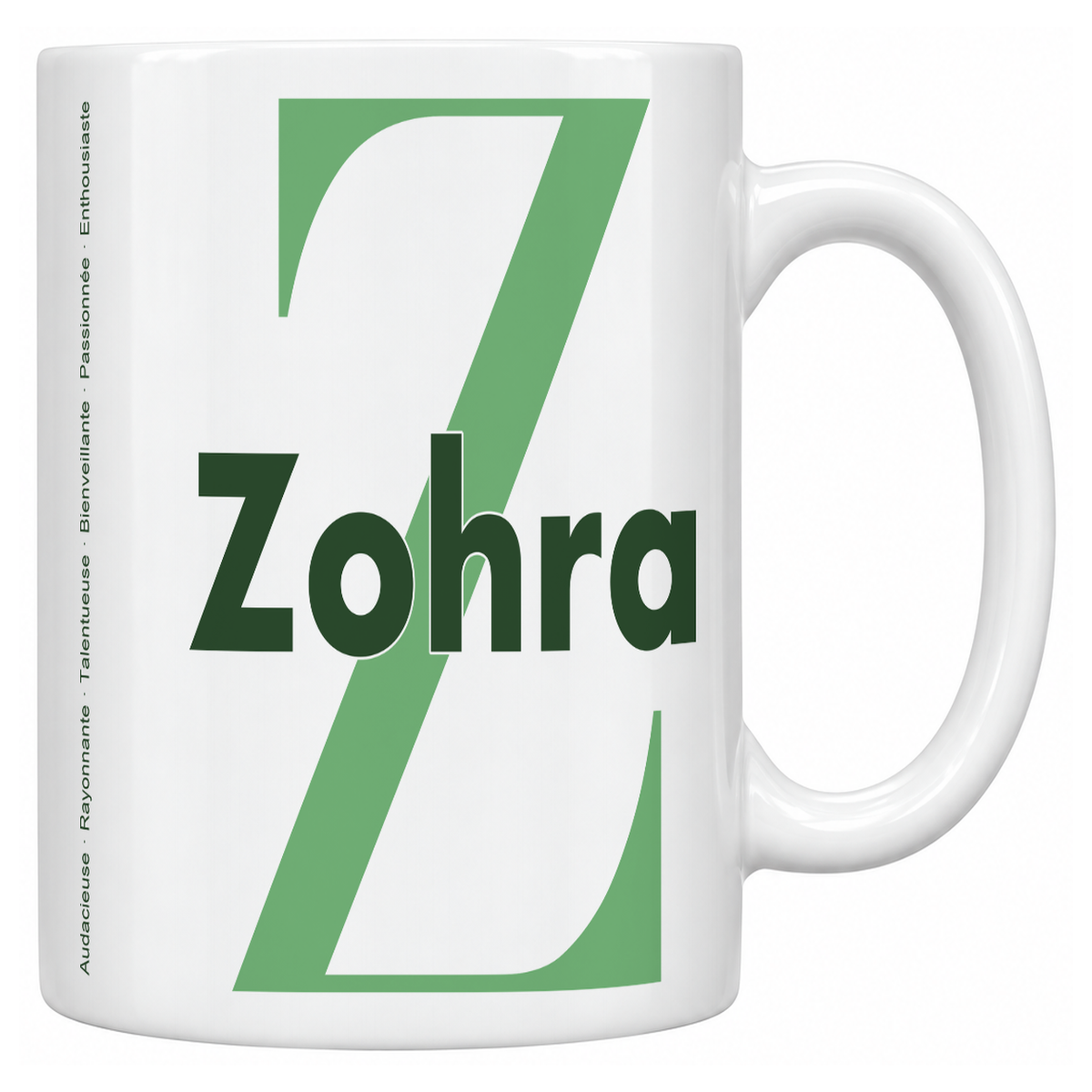 Mug blanc céramique 330 ml prénom Zohra : grande initiale Z, prénom Zohra en lettres bold et six qualités verticales sur le côté
