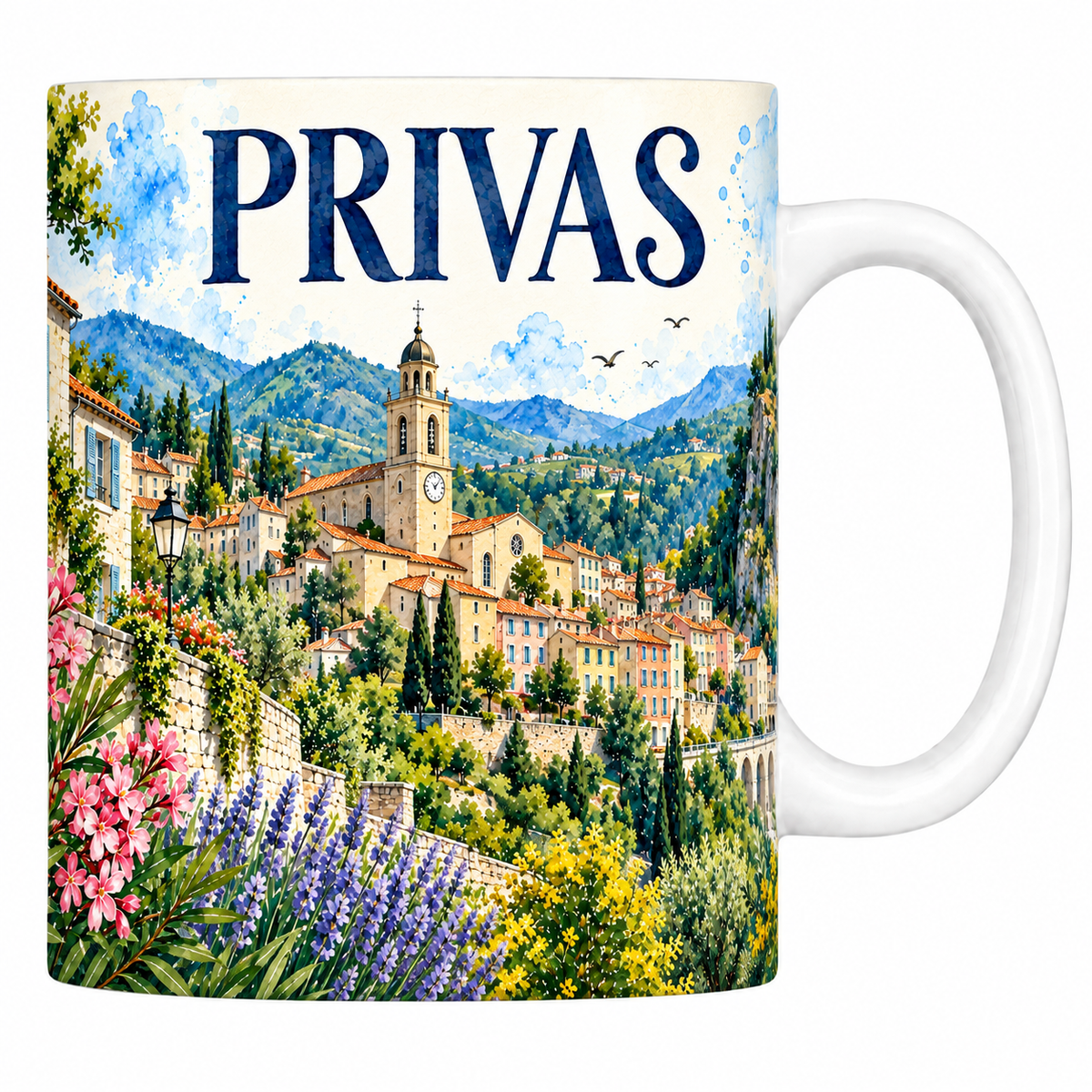 Mug en céramique blanche 330 ml illustré à l'aquarelle de Privas, de son clocher et du mont Toulon
