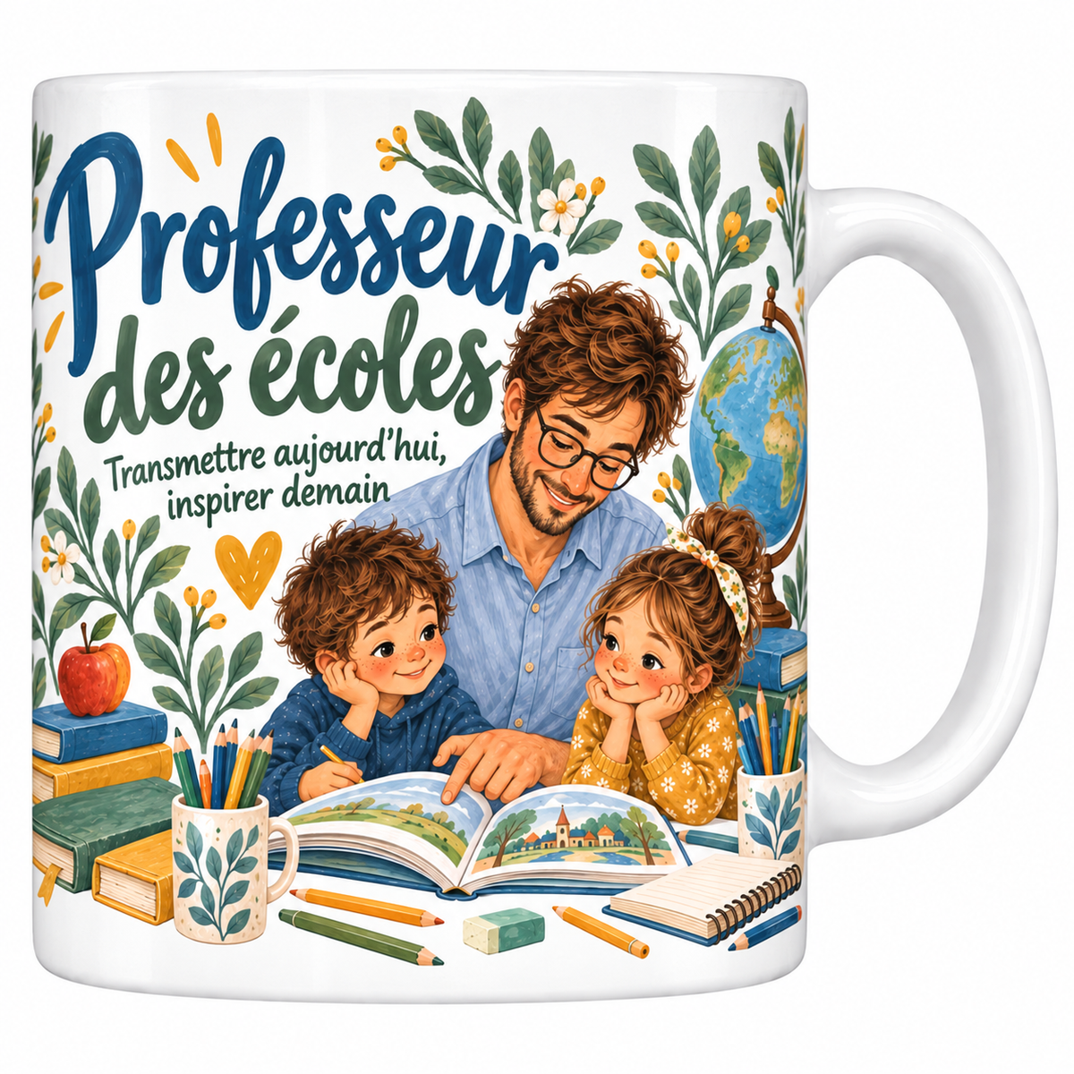 Mug céramique 330 ml « Professeur des écoles, transmettre aujourd'hui inspirer demain » : illustration aux teintes ocre et vertes avec deux élèves et un livre ouvert