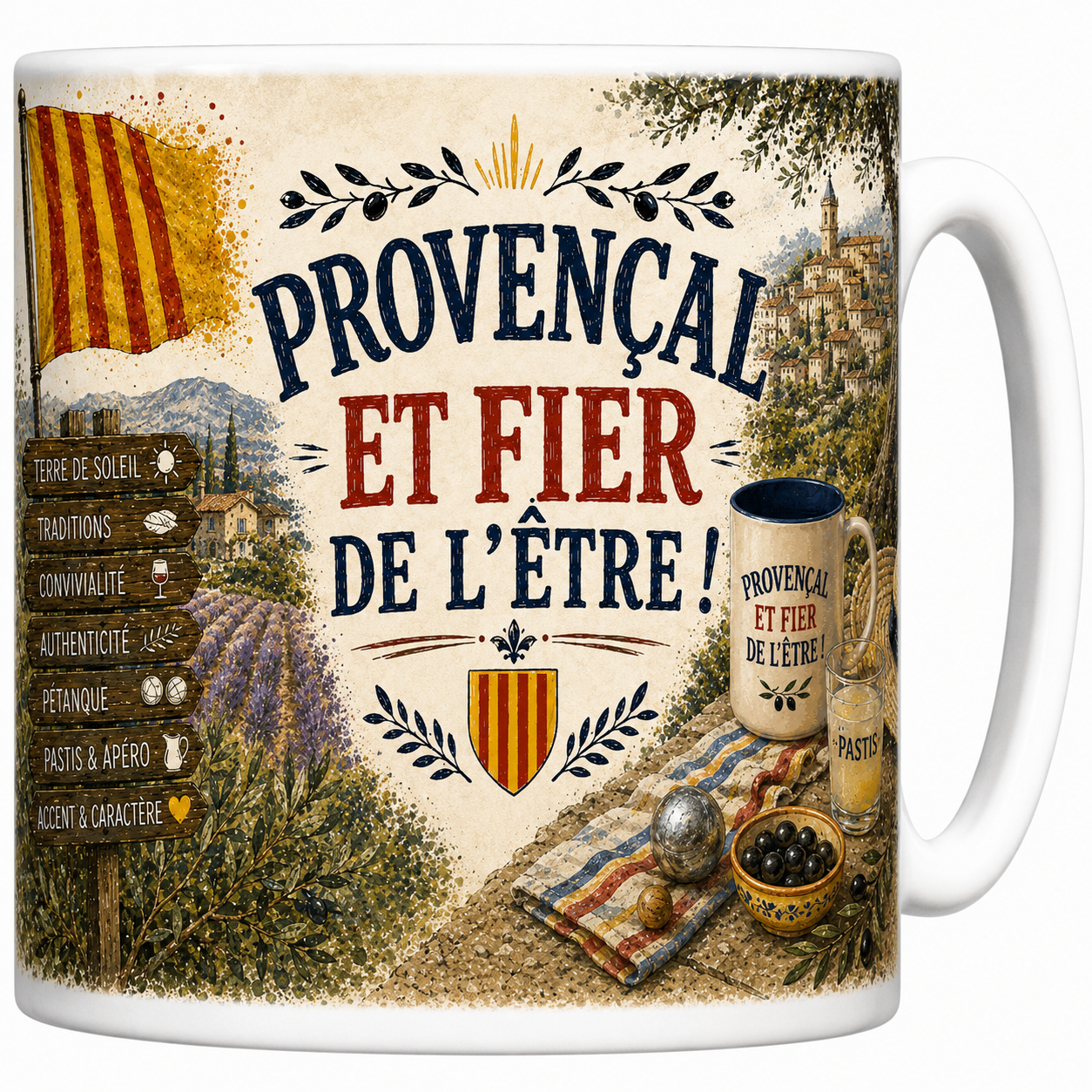 Mug Provençal et fier de l'être en céramique, drapeau provençal, lavande et village perché