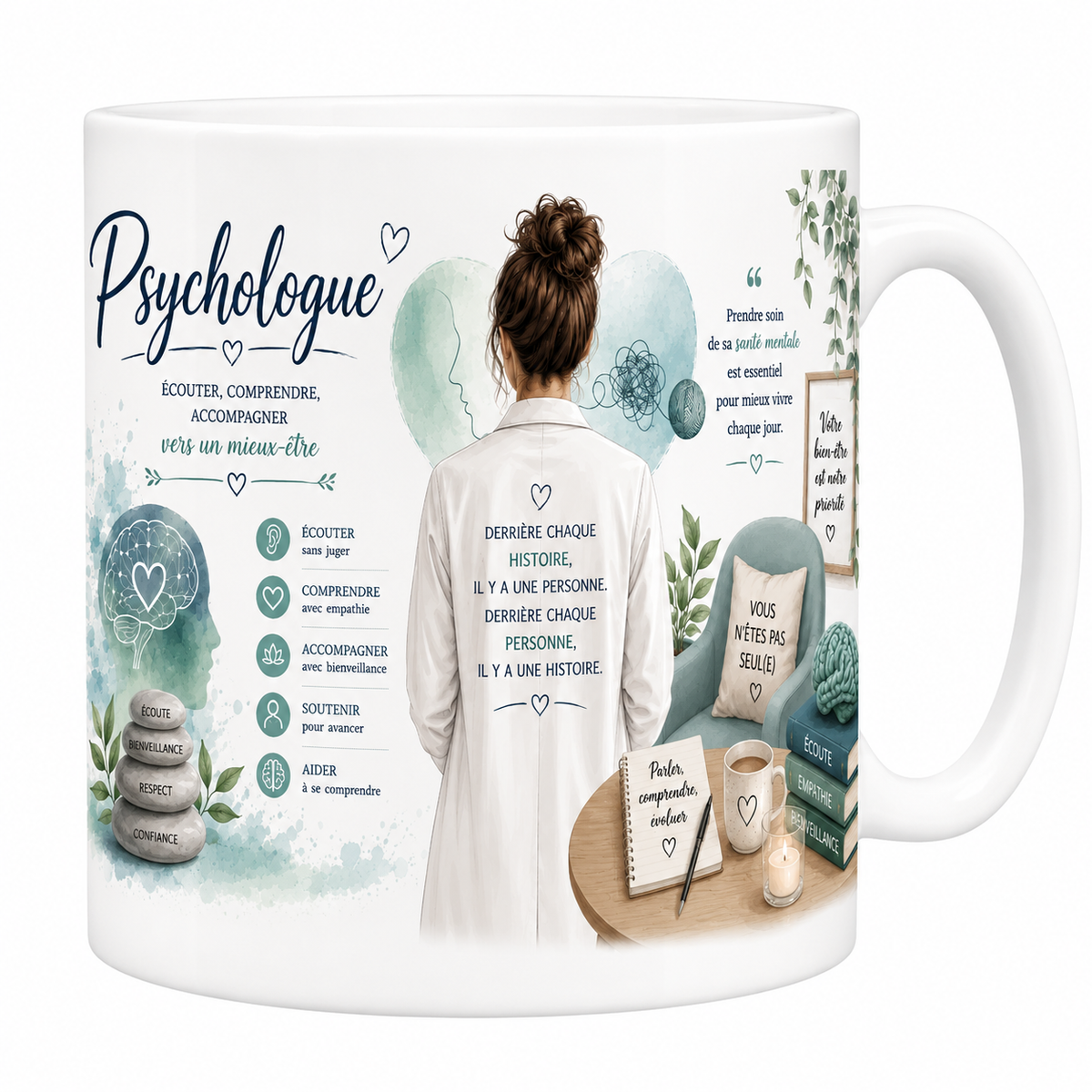 Mug psychologue 330 ml, psychologue de dos en blouse et citation Derrière chaque histoire une personne