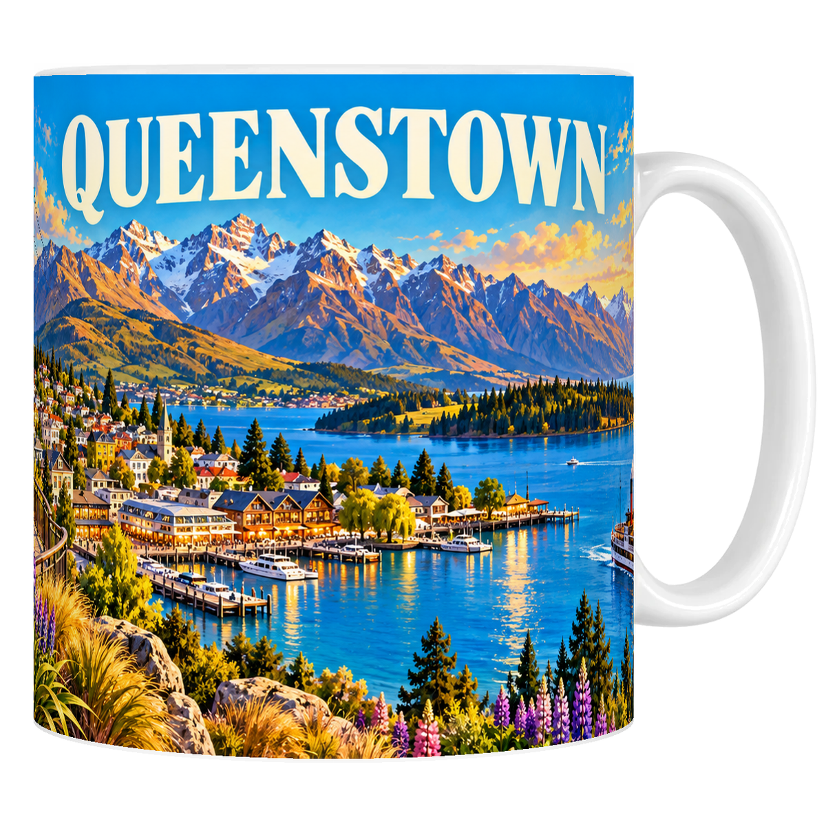 Mug en céramique blanche 330 ml illustré du lac Wakatipu à Queenstown et des Remarkables, style affiche vintage