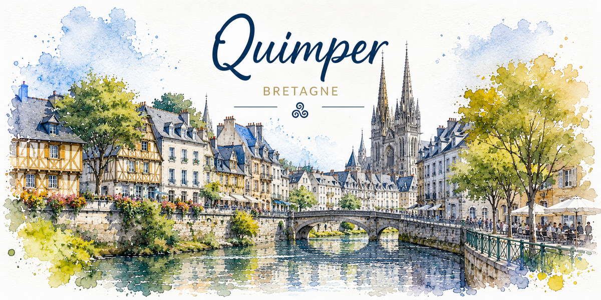 Design du mug Quimper : cathédrale Saint-Corentin, quais fleuris de l'Odet, titre script bleu, Bretagne et triskell