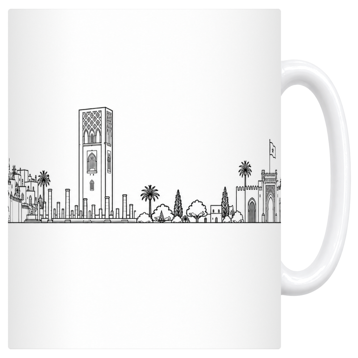 Mug blanc en céramique 330 ml illustré du skyline de Rabat au trait noir : la porte monumentale à entrelacs, les remparts de la kasbah, la tour Hassan et ses colonnes