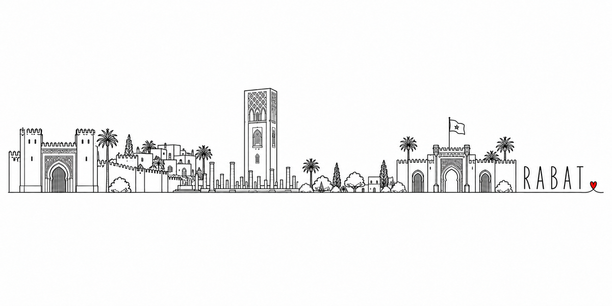 Skyline de Rabat dessiné au trait noir continu, de gauche à droite : la porte monumentale à entrelacs entre ses deux bastions, les palmiers et les remparts de la kasbah, les colonnes de l'esplanade et la tour Hassan à décor ajouré, les palmiers et les arbres, la porte cavalière et son drapeau — avec le nom RABAT en capitales espacées et un petit cœur rouge