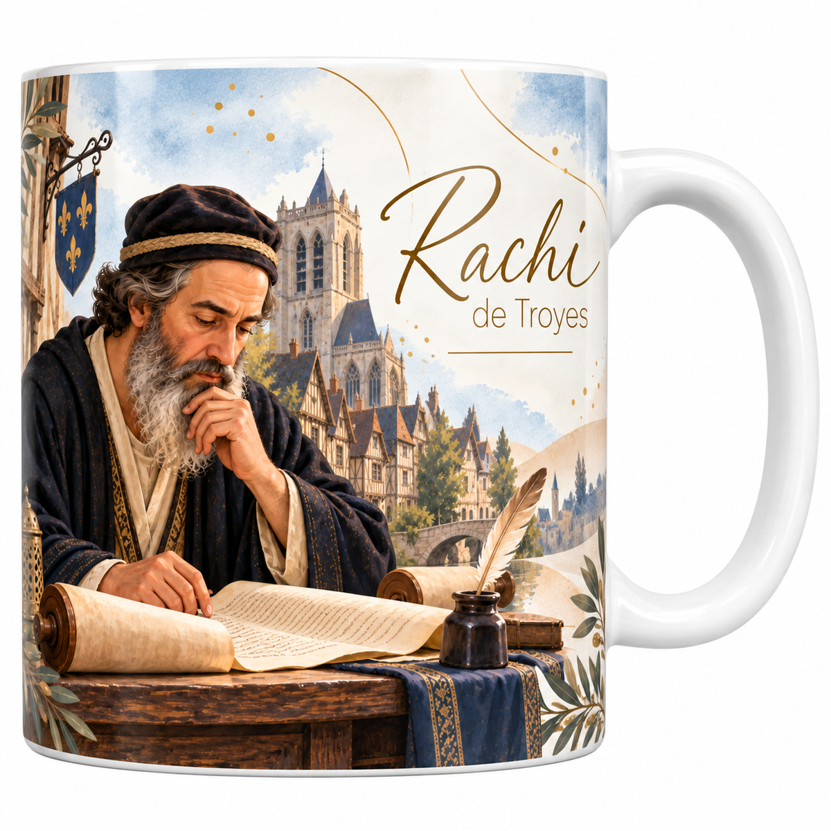 Mug céramique blanche 330 ml illustré de Rachi de Troyes à l'aquarelle, le vieux savant à barbe blanche et calotte noire penché sur un rouleau déroulé, son encrier et son chandelier, les maisons à pans de bois de Troyes derrière lui et le titre Rachi de Troyes en lettres dorées