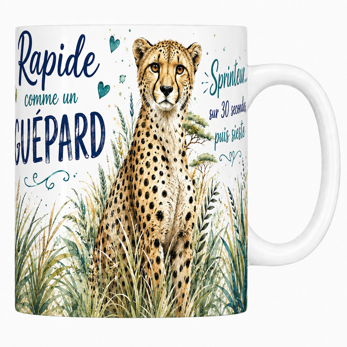 Mug céramique 330 ml « Rapide comme un guépard » : guépard assis dans la savane