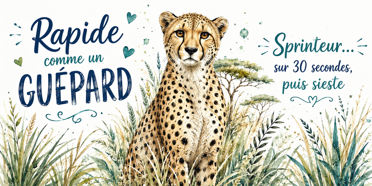 Visuel « Rapide comme un guépard, sprinteur sur 30 secondes, puis sieste » : aquarelle d'un guépard dans les hautes herbes