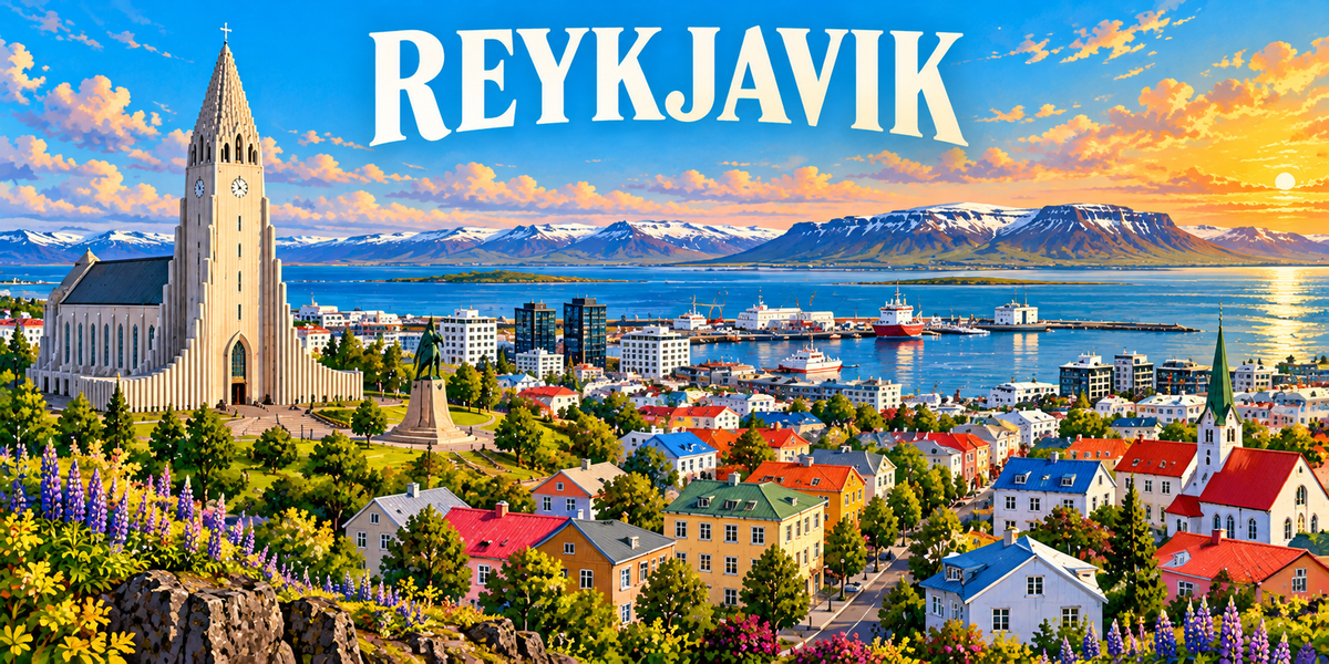 Illustration affiche vintage Reykjavik : tour de Hallgrímskirkja, maisons à toits de tôle colorés, port, mont Esja et lupins violets