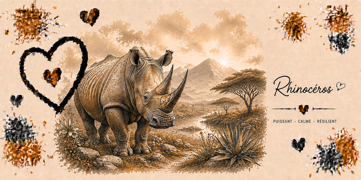 Design du mug Rhinocéros : rhinocéros dans la savane aux acacias, gravure sépia, cœur noir et éclats dorés