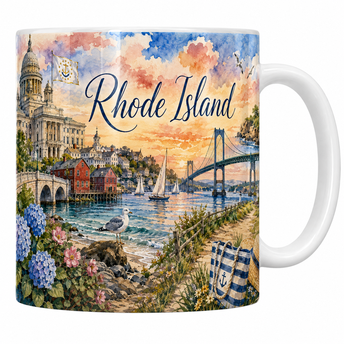 Mug blanc céramique 330 ml imprimé Rhode Island, Newport et phare rayé