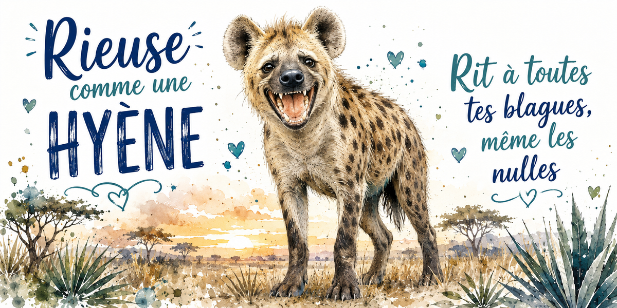 Visuel « Rieuse comme une hyène, rit à toutes tes blagues, même les nulles » : aquarelle d'une hyène au soleil couchant