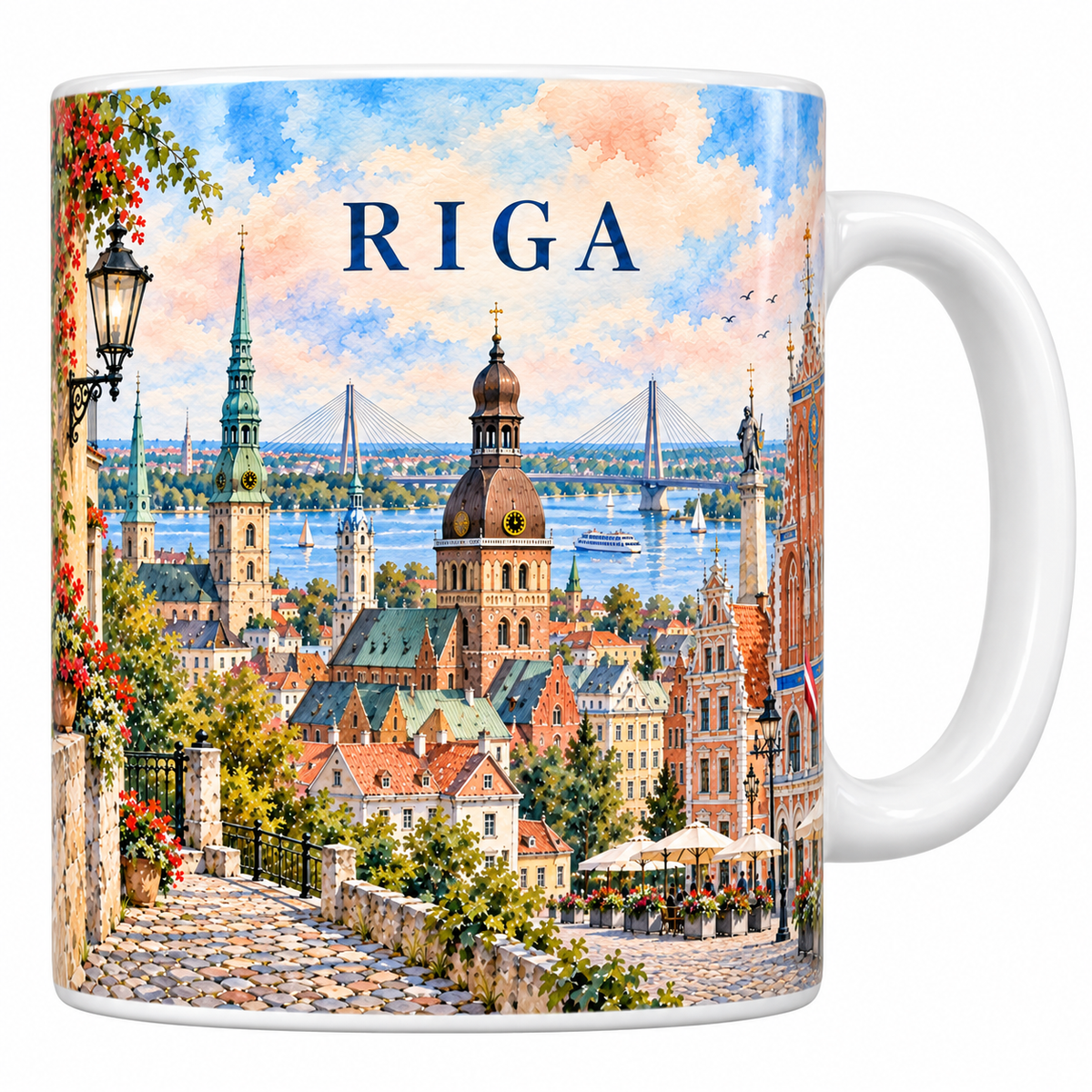 Mug Riga aquarelle en céramique blanche 330 ml, maison des Têtes noires à pignon à degrés, flèches vertes de la vieille ville, maisons pastel et Daugava