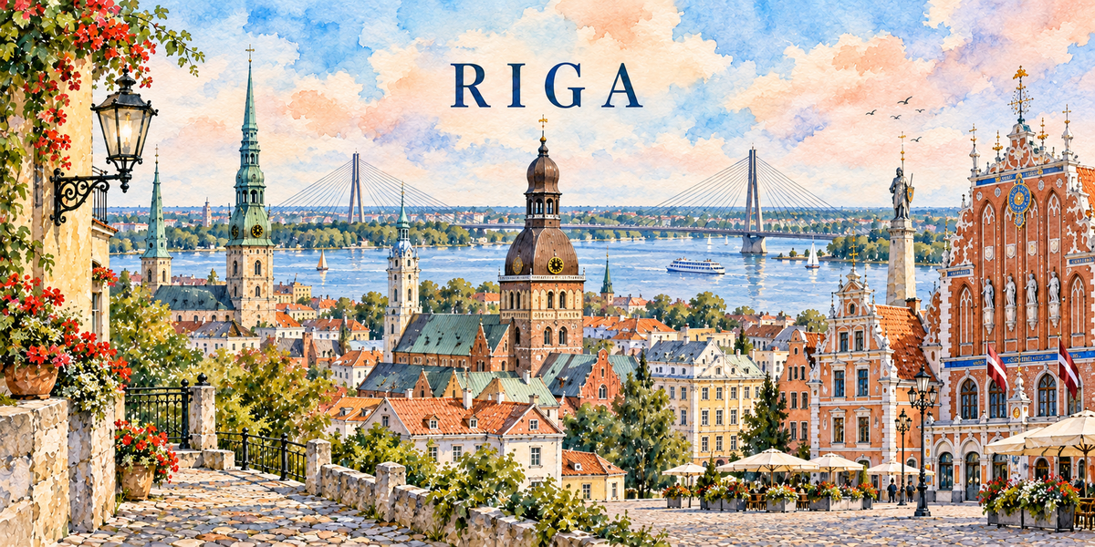 Aquarelle de Riga : ruelle en hauteur et réverbère, fleurs rouges, flèches vertes de la vieille ville, façade rouge à pignon à degrés de la maison des Têtes noires, maisons à pignons pastel, toits de tuiles et pont à haubans sur la Daugava