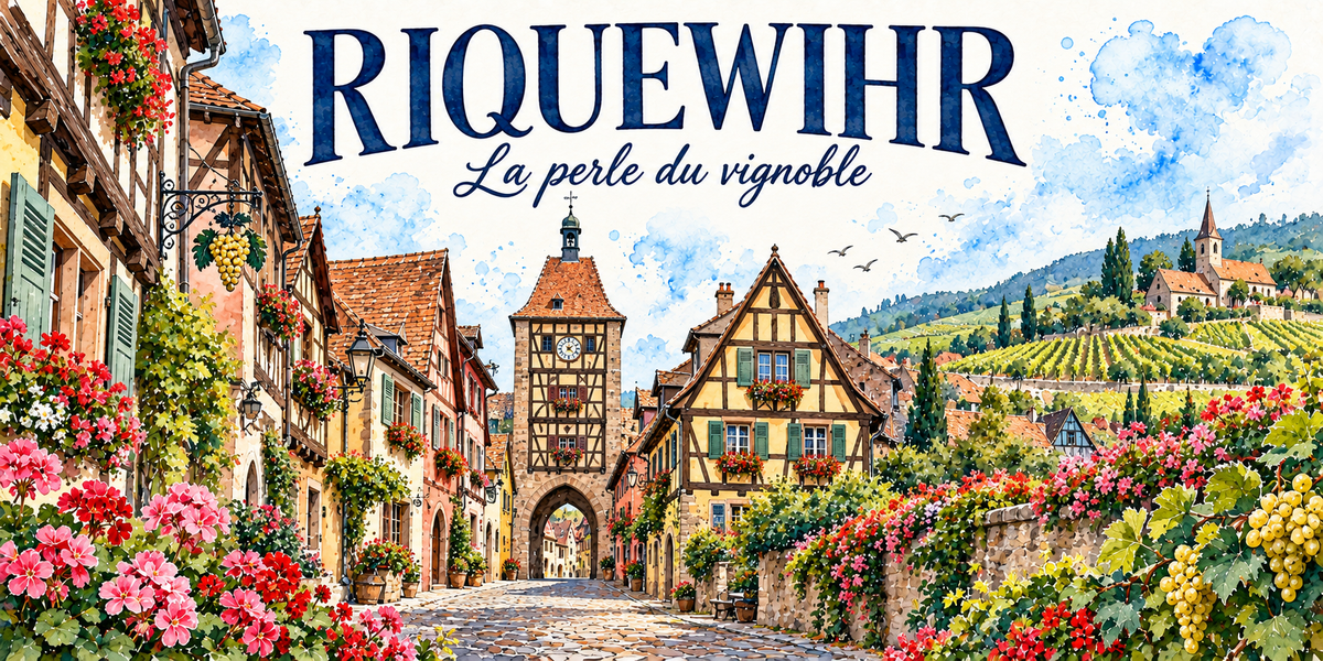 Illustration aquarelle de Riquewihr : tour-porte du Dolder à toit pointu, rue pavée, maisons à colombages jaunes et vertes, jardinières de géraniums rouges, vigne sur les murs, coteaux plantés et chapelle sur la hauteur