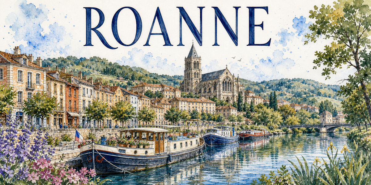 Visuel aquarelle « ROANNE » : canal, pénichettes amarrées, façades colorées et église sur la colline