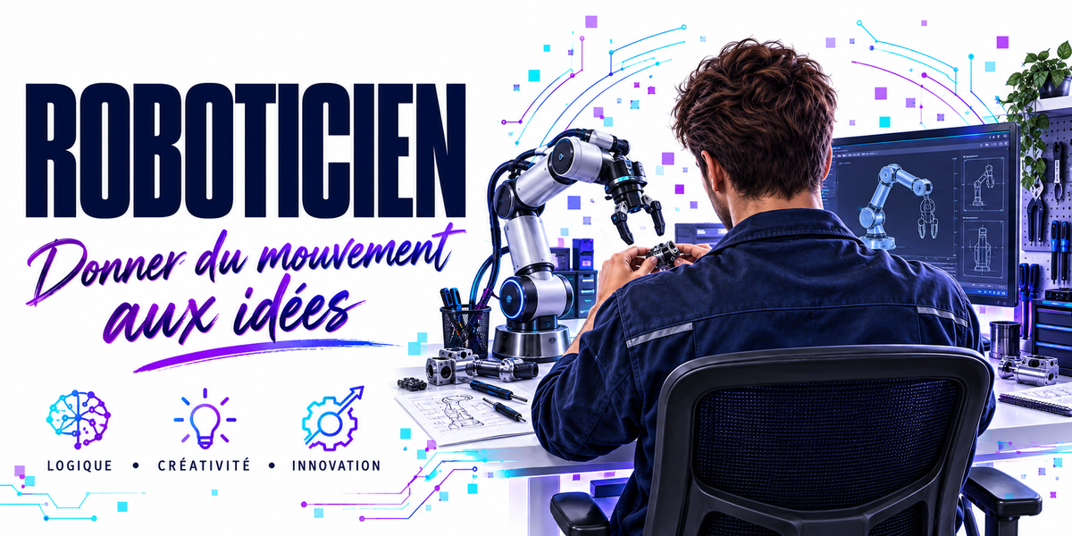Visuel roboticien : le mot ROBOTICIEN en capitales bleu marine sur fond blanc à circuits imprimés bleus et violets, la phrase manuscrite violette Donner du Mouvement aux Idées, un roboticien en veste de travail bleu marine debout de trois quarts dos, réglant un bras robotisé articulé sur un établi, un second bras à l'arrière-plan et des écrans affichant du code de trajectoire, trois pastilles — logique, créativité, innovation
