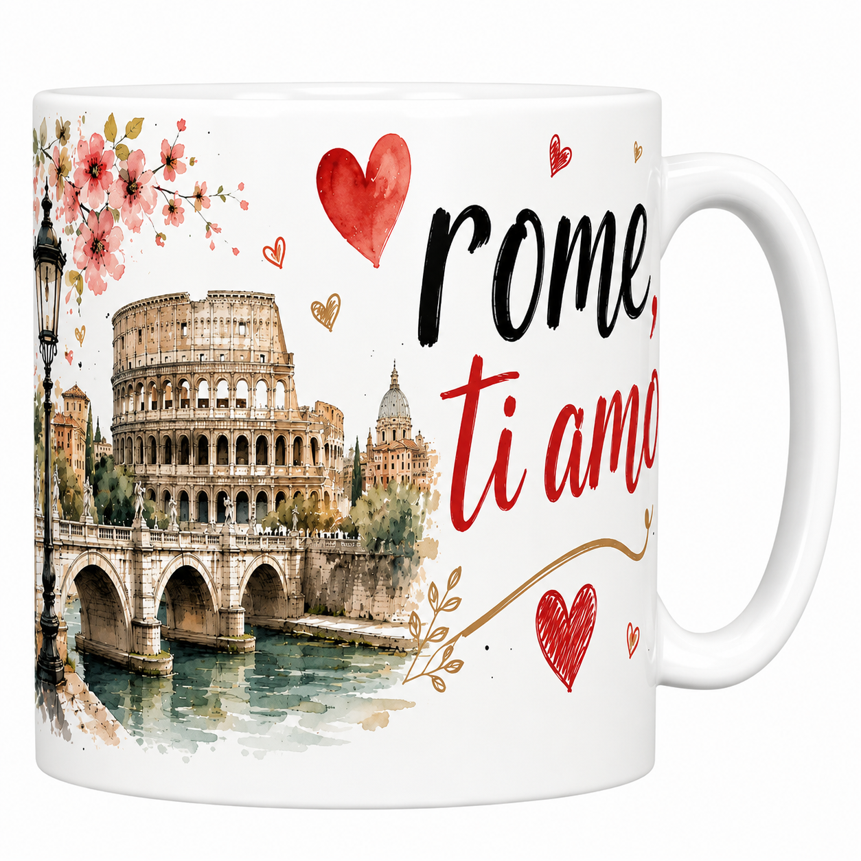 Mug Rome ti amo en céramique blanche, Colisée aquarelle doré et calligraphie rouge et noire