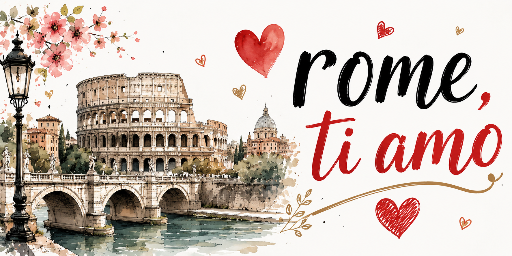 Visuel Rome ti amo : Colisée, pont sur le Tibre, dôme de Saint-Pierre et fleurs roses aquarelle