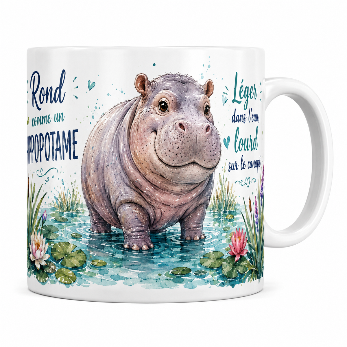 Mug céramique 330 ml « Rond comme un hippopotame » : hippopotame et nénuphars
