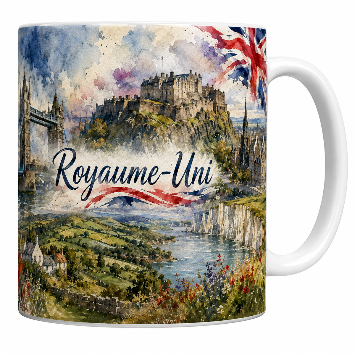 Mug céramique 330 ml Royaume-Uni aquarelle : Big Ben, château d'Édimbourg et falaises de Douvres