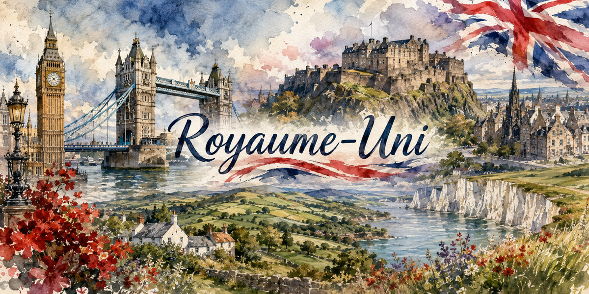Visuel Royaume-Uni aquarelle : Big Ben, pont de la Tour, Édimbourg, Douvres et Union Jack