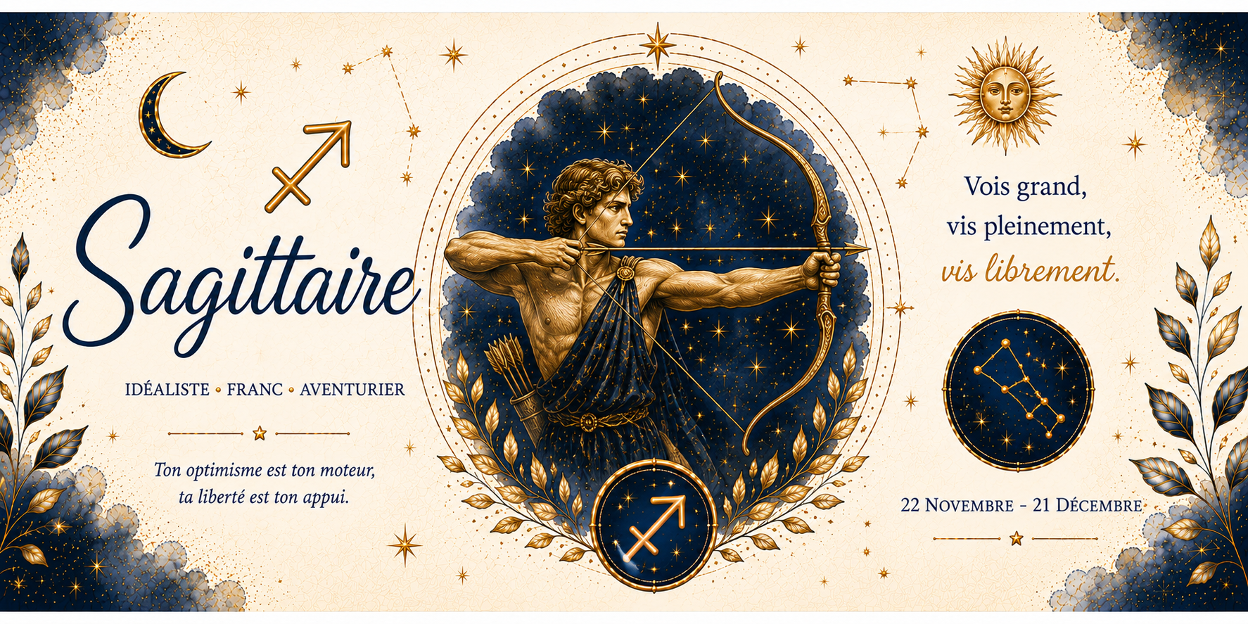 Visuel Sagittaire, signe de Feu : idéaliste, franc, aventurier, constellation et 22 novembre - 21 décembre