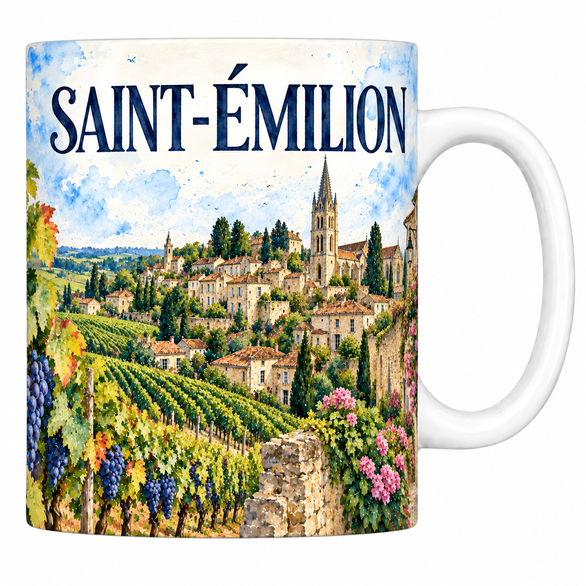 Mug céramique 330 ml Saint-Émilion : les vignes et le village perché en aquarelle