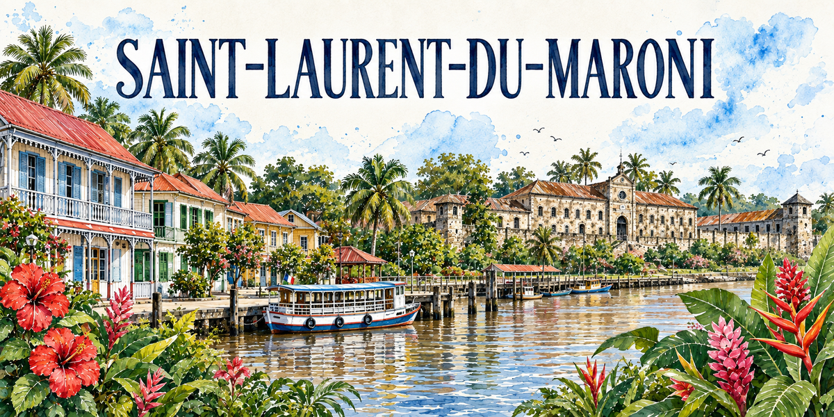 Saint-Laurent-du-Maroni en aquarelle : maisons créoles à balustres, pirogue sur le Maroni et camp de la Transportation