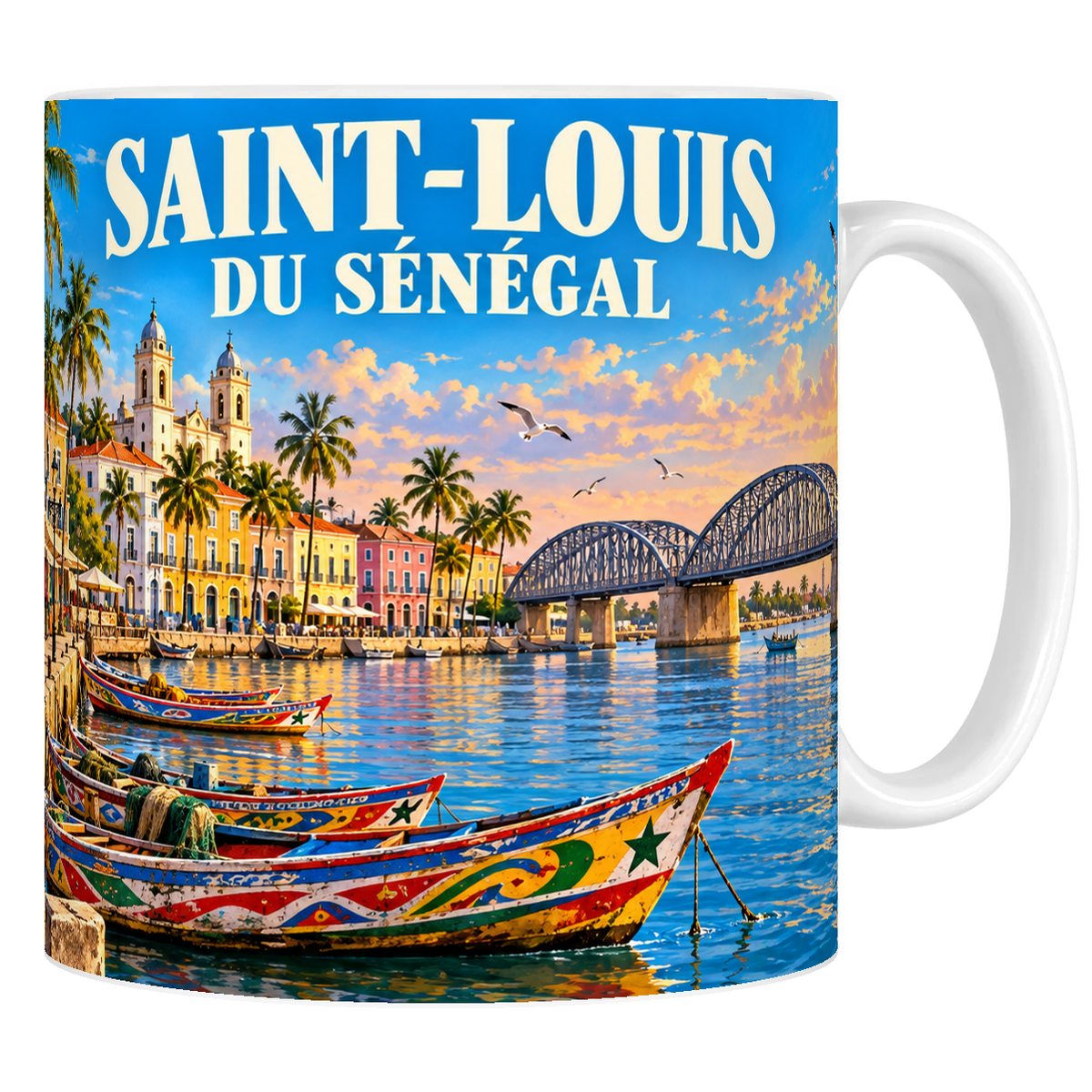 Mug en céramique blanc 330 ml, affiche Saint-Louis du Sénégal : pont Faidherbe, maisons coloniales et pirogues