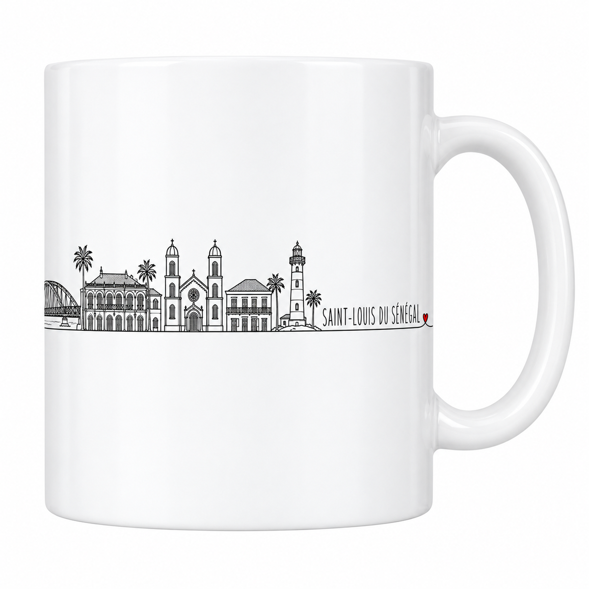 Mug blanc en céramique 330 ml illustré du skyline de Saint-Louis du Sénégal au trait noir : bâtiment colonial à galeries d'arcades, cathédrale à deux clochers, maison à balcon et phare