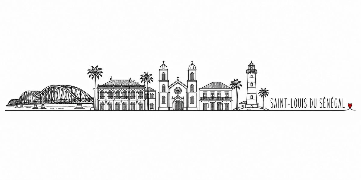 Skyline de Saint-Louis du Sénégal dessiné au trait noir continu, de gauche à droite : le pont Faidherbe et ses travées métalliques posées sur leurs piles, les palmiers, le grand bâtiment colonial à double galerie d'arcades, la cathédrale à deux clochers et sa rosace, une maison à balcon de fer et toit de tuiles, les palmiers et le phare cylindrique sur son mamelon — avec le nom SAINT-LOUIS DU SÉNÉGAL en capitales espacées et un petit cœur rouge