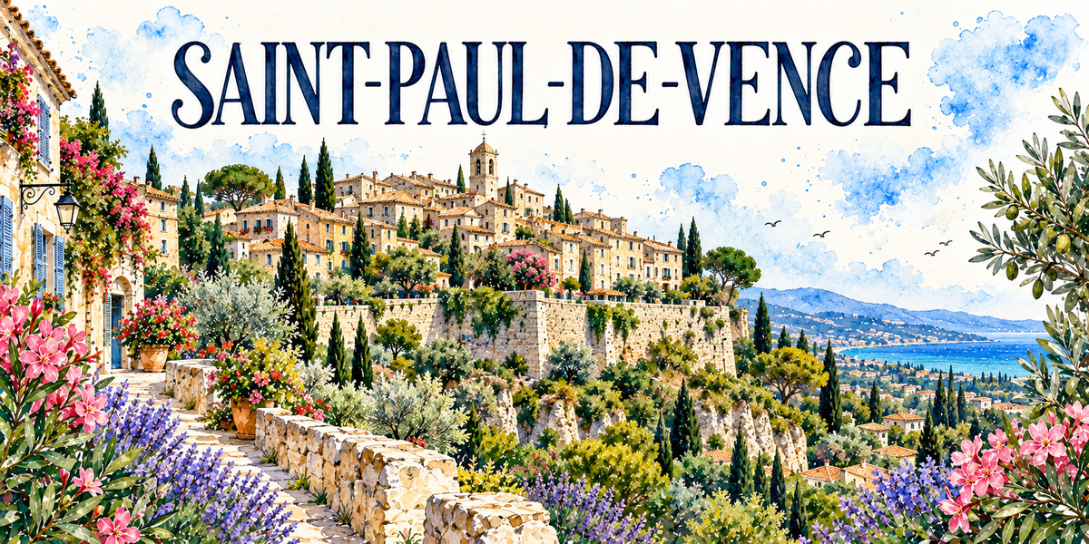 Illustration aquarelle de Saint-Paul-de-Vence : village perché et son clocher, maisons de pierre serrées sur l'arête, remparts, cyprès et oliviers, chemin bordé d'un muret, lavande, bougainvillées et Méditerranée au fond