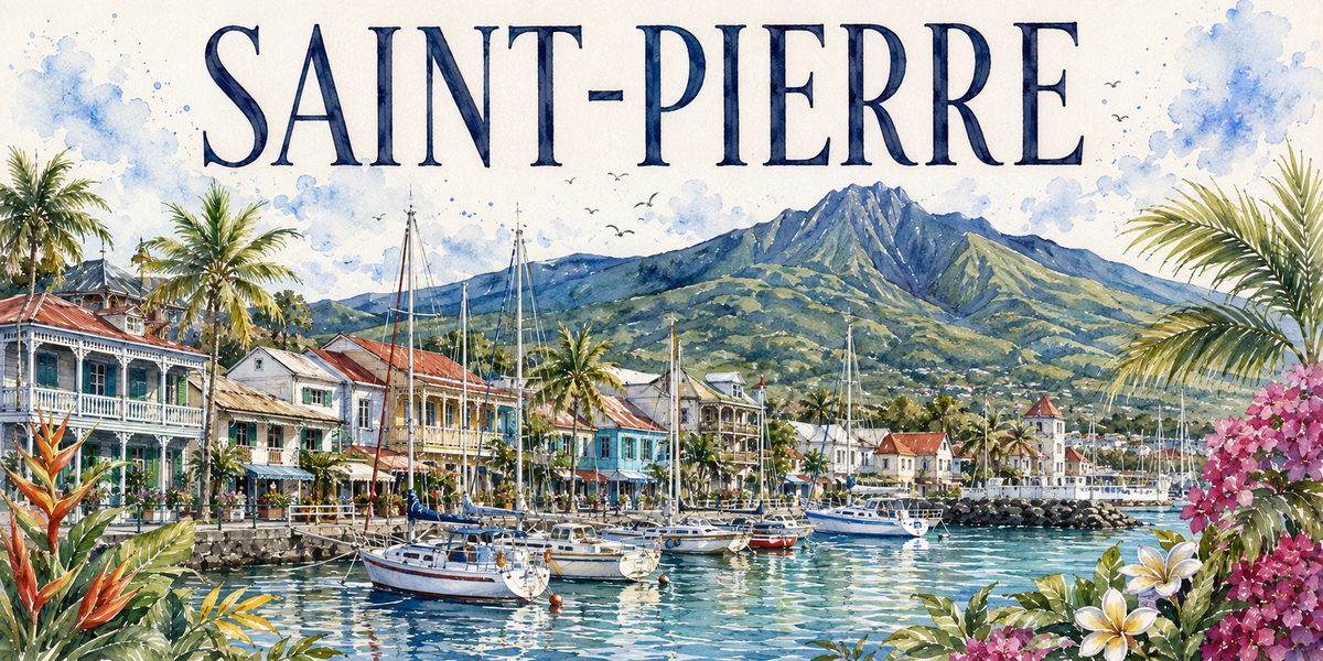 Visuel aquarelle « SAINT-PIERRE » en Martinique : montagne Pelée, voiliers, cases créoles et palmiers