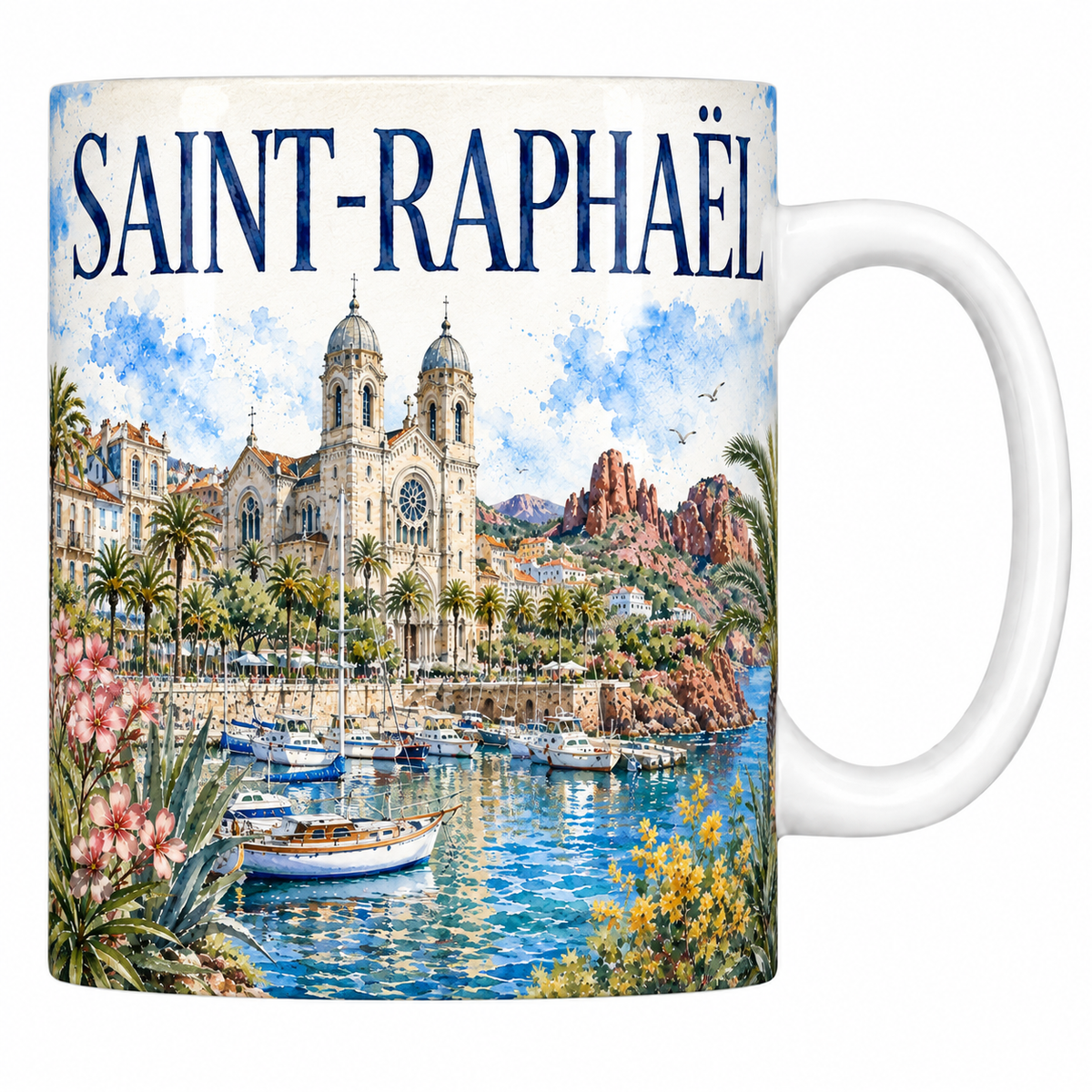 Mug céramique 330 ml « SAINT-RAPHAËL » : basilique, port et roches rouges de l'Esterel