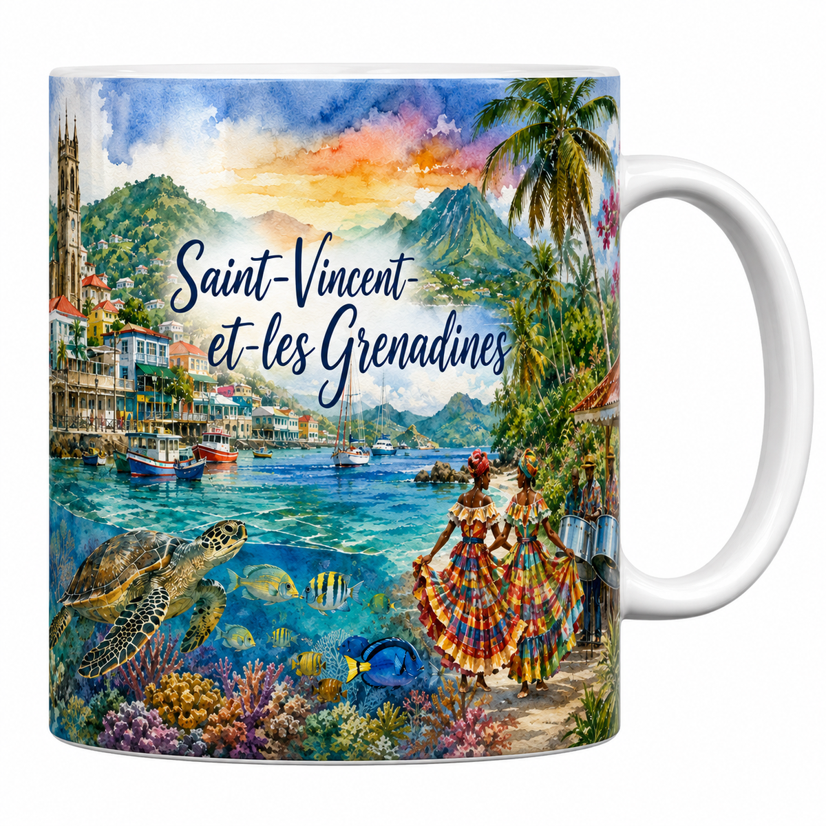 Mug céramique 330 ml Saint-Vincent-et-les-Grenadines aquarelle : voiliers et steel drums