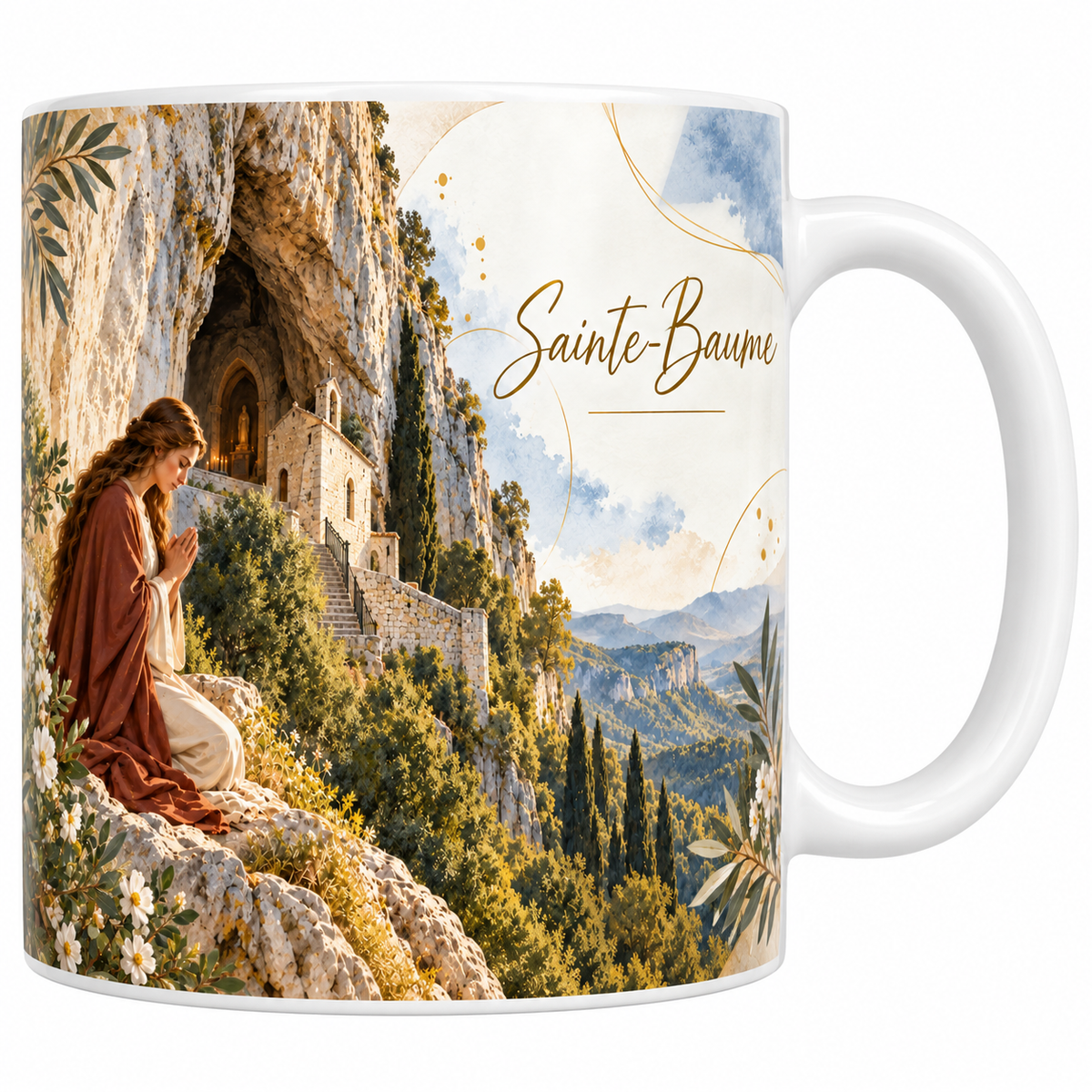 Mug céramique blanche 330 ml illustré de la Sainte-Baume à l'aquarelle, une femme aux longs cheveux en robe brune agenouillée en prière devant l'entrée de la grotte, la falaise et l'escalier de pierre, la plaine provençale en contrebas, des fleurs blanches et le titre Sainte-Baume en lettres dorées