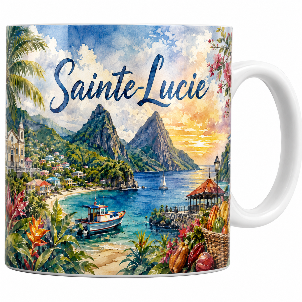 Mug céramique 330 ml Sainte-Lucie aquarelle : les Pitons, baie turquoise et bougainvilliers