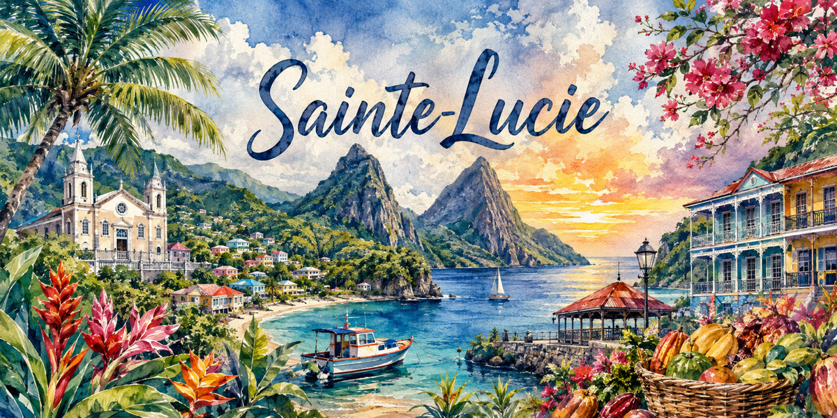 Visuel Sainte-Lucie aquarelle : les Pitons, baie, église coloniale, bateaux de pêche et fruits tropicaux