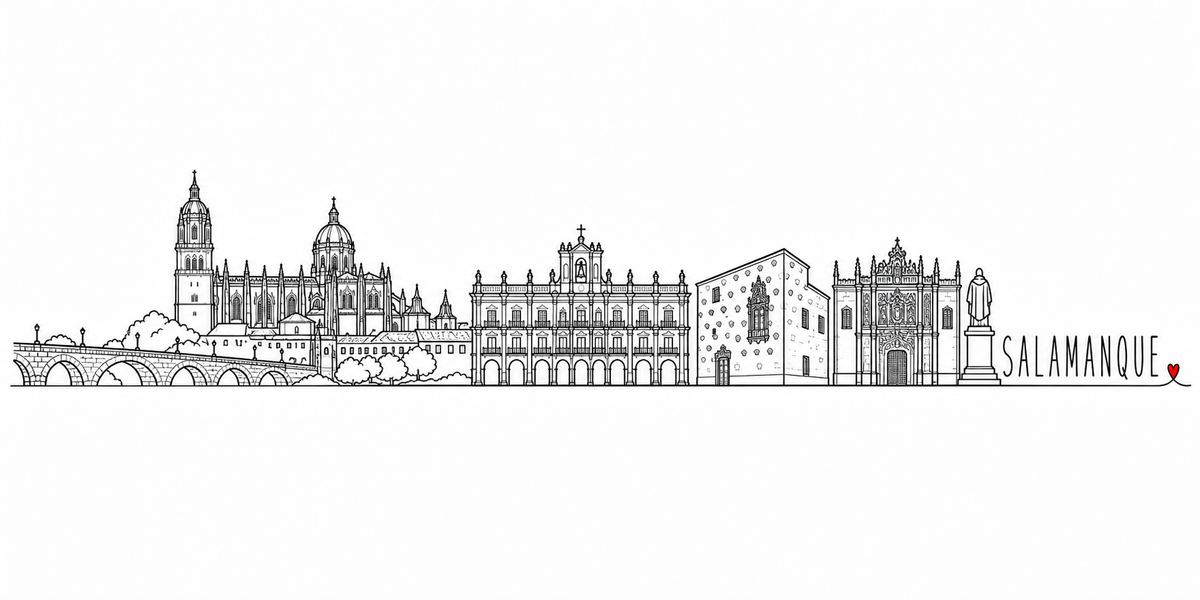 Skyline de Salamanque dessiné au trait noir continu, de gauche à droite : le pont de pierre à arches et ses lampadaires, les arbres, la tour à coupole de la cathédrale, la coupole nervurée et les pinacles gothiques, les maisons, la longue façade à arcades et balcons de la place et son pavillon à cloche, la maison couverte de coquilles sculptées, la façade plateresque ouvragée de l'université, la statue sur son socle — avec le nom SALAMANQUE en capitales espacées et un petit cœur rouge